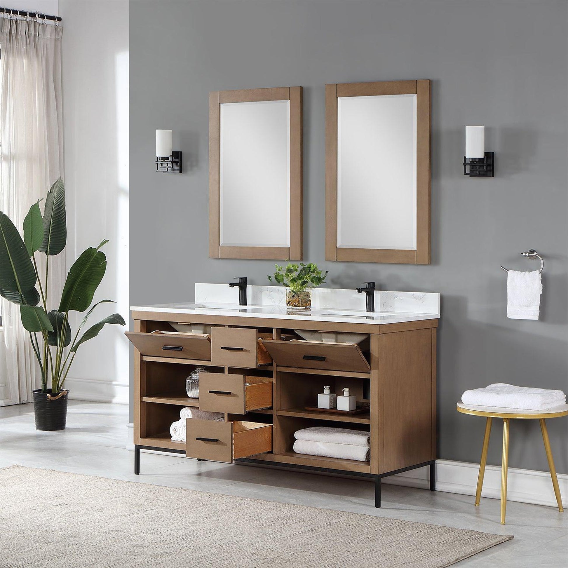 Altair Kesia 60" Brown Pine Freestanding Double Bathroom Vanity Set With Mirror, Stylish Aosta White Composite Stone Top, Two Rectangular Undermount Ceramic Sinks, Overflow, and Backsplash