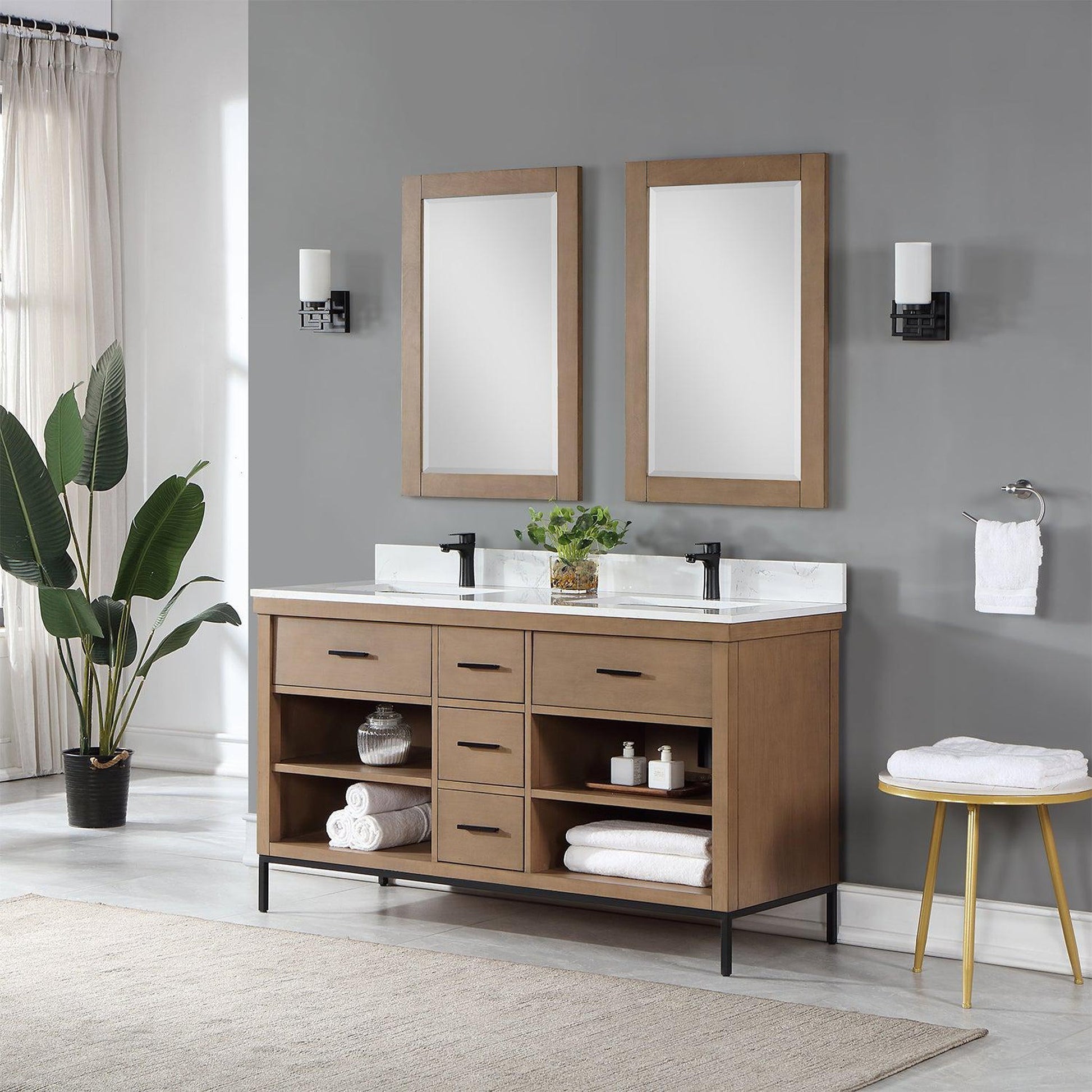 Altair Kesia 60" Brown Pine Freestanding Double Bathroom Vanity Set With Mirror, Stylish Aosta White Composite Stone Top, Two Rectangular Undermount Ceramic Sinks, Overflow, and Backsplash