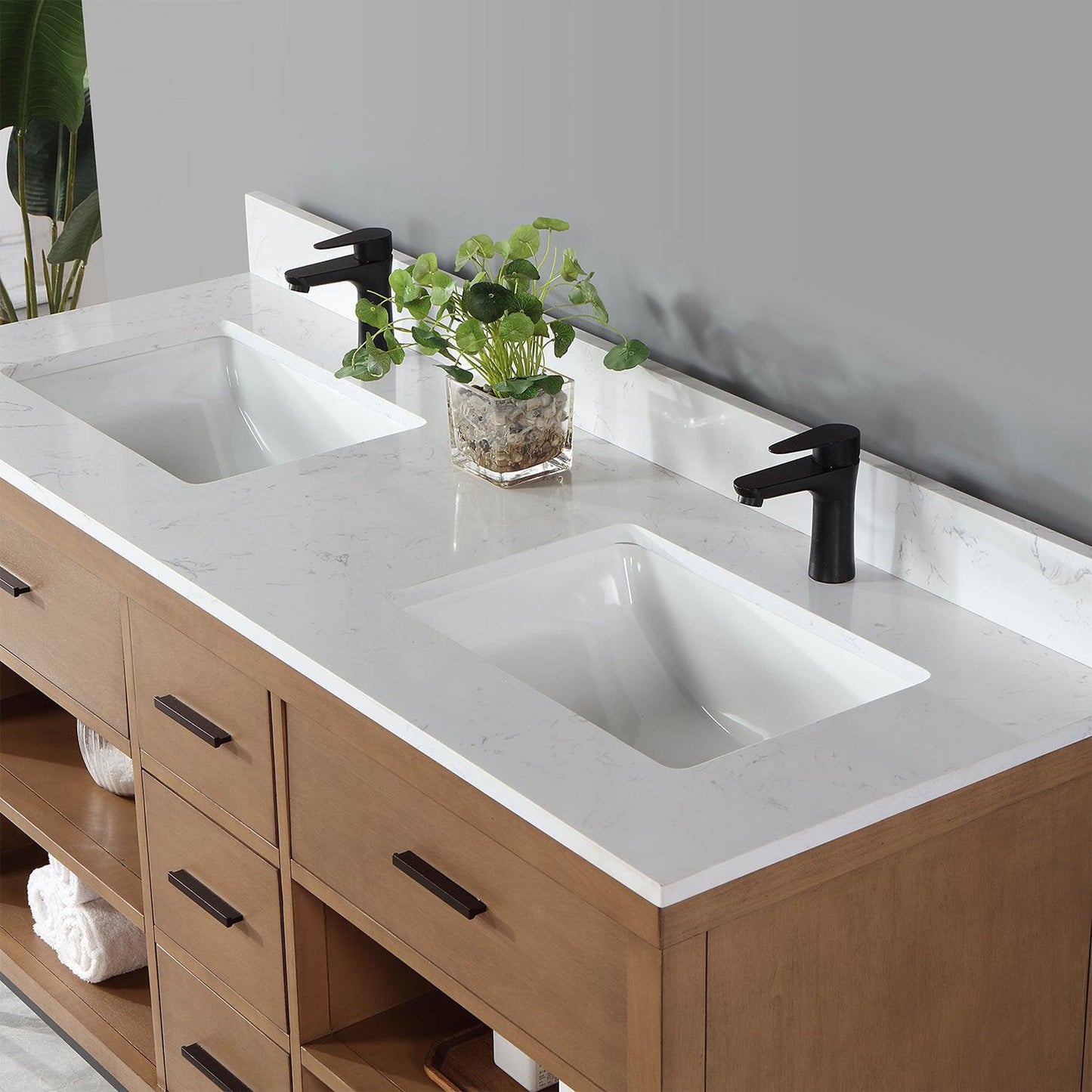 Altair Kesia 60" Brown Pine Freestanding Double Bathroom Vanity Set With Stylish Aosta White Composite Stone Top, Two Rectangular Undermount Ceramic Sinks, Overflow, and Backsplash