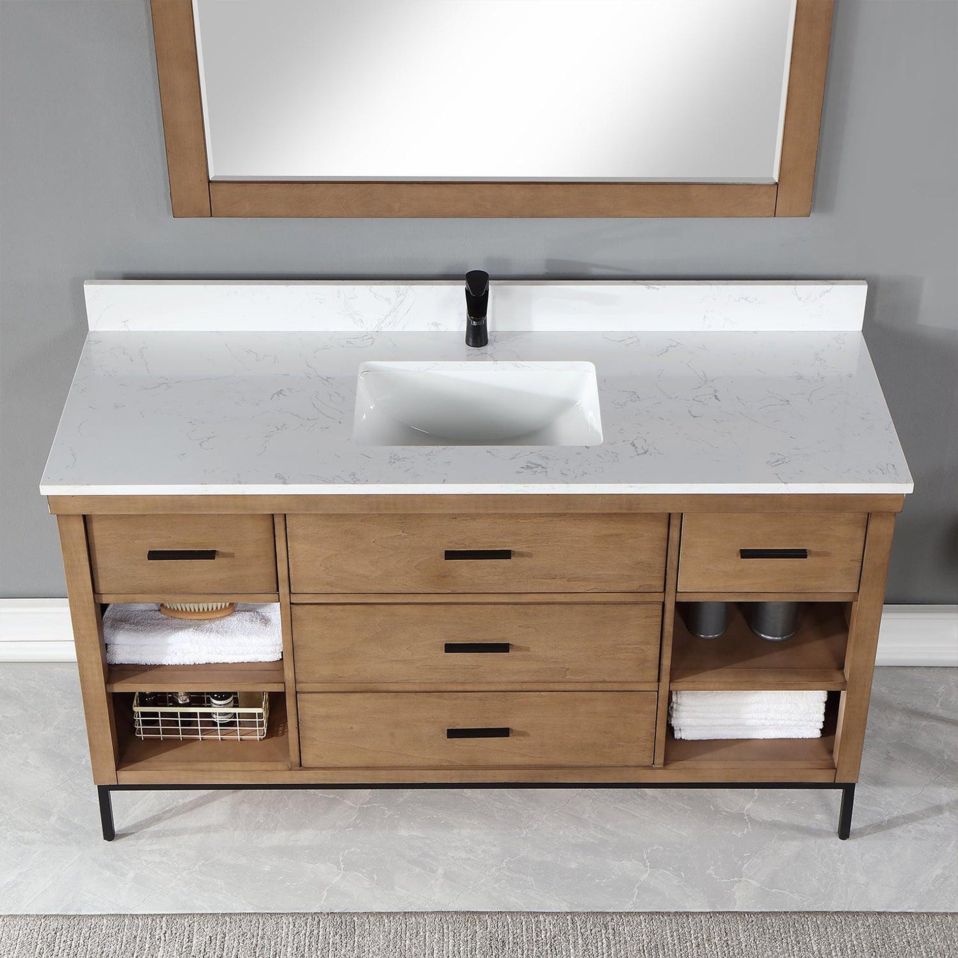 Altair Kesia 60" Brown Pine Freestanding Single Bathroom Vanity Set With Mirror, Stylish Aosta White Composite Stone Top, Rectangular Undermount Ceramic Sink, Overflow, and Backsplash