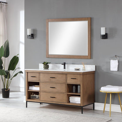 Altair Kesia 60" Brown Pine Freestanding Single Bathroom Vanity Set With Mirror, Stylish Aosta White Composite Stone Top, Rectangular Undermount Ceramic Sink, Overflow, and Backsplash