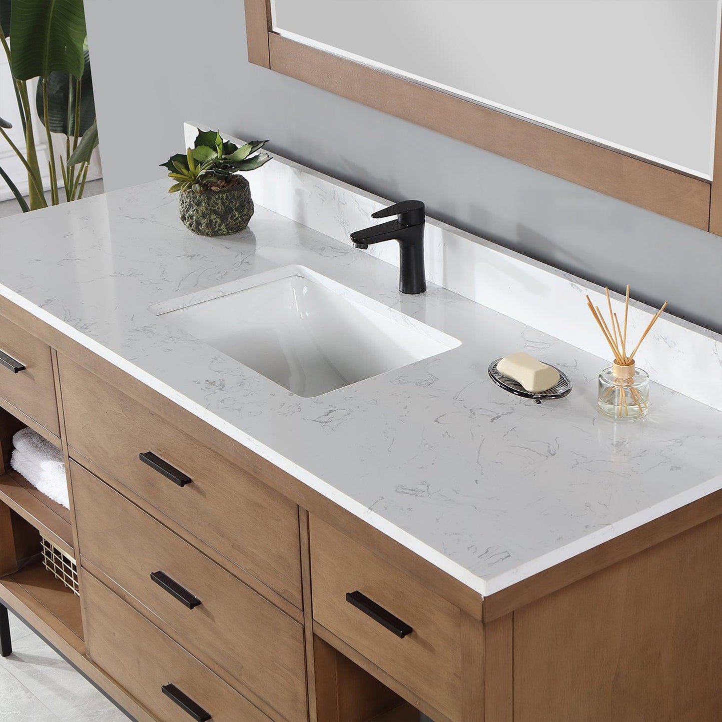 Altair Kesia 60" Brown Pine Freestanding Single Bathroom Vanity Set With Mirror, Stylish Aosta White Composite Stone Top, Rectangular Undermount Ceramic Sink, Overflow, and Backsplash
