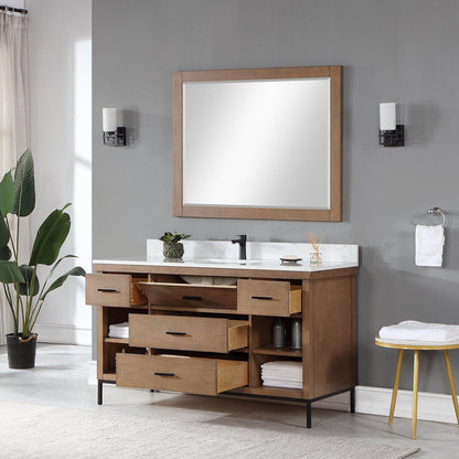 Altair Kesia 60" Brown Pine Freestanding Single Bathroom Vanity Set With Mirror, Stylish Aosta White Composite Stone Top, Rectangular Undermount Ceramic Sink, Overflow, and Backsplash