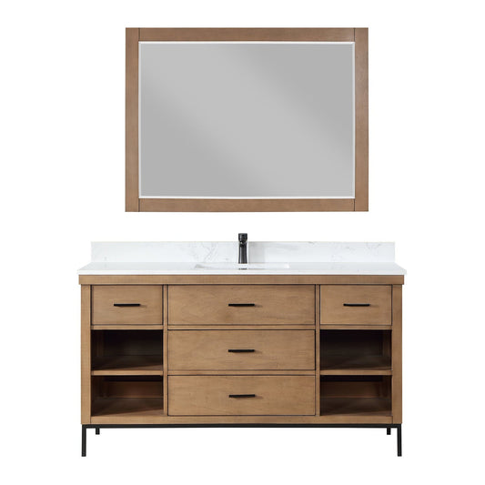 Altair Kesia 60" Brown Pine Freestanding Single Bathroom Vanity Set With Mirror, Stylish Aosta White Composite Stone Top, Rectangular Undermount Ceramic Sink, Overflow, and Backsplash