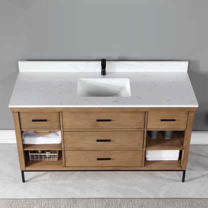 Altair Kesia 60" Brown Pine Freestanding Single Bathroom Vanity Set With Stylish Aosta White Composite Stone Top, Rectangular Undermount Ceramic Sink, Overflow, and Backsplash