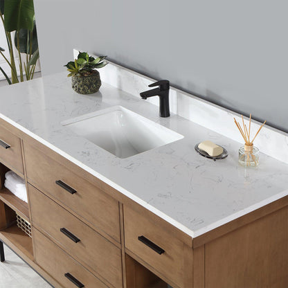 Altair Kesia 60" Brown Pine Freestanding Single Bathroom Vanity Set With Stylish Aosta White Composite Stone Top, Rectangular Undermount Ceramic Sink, Overflow, and Backsplash