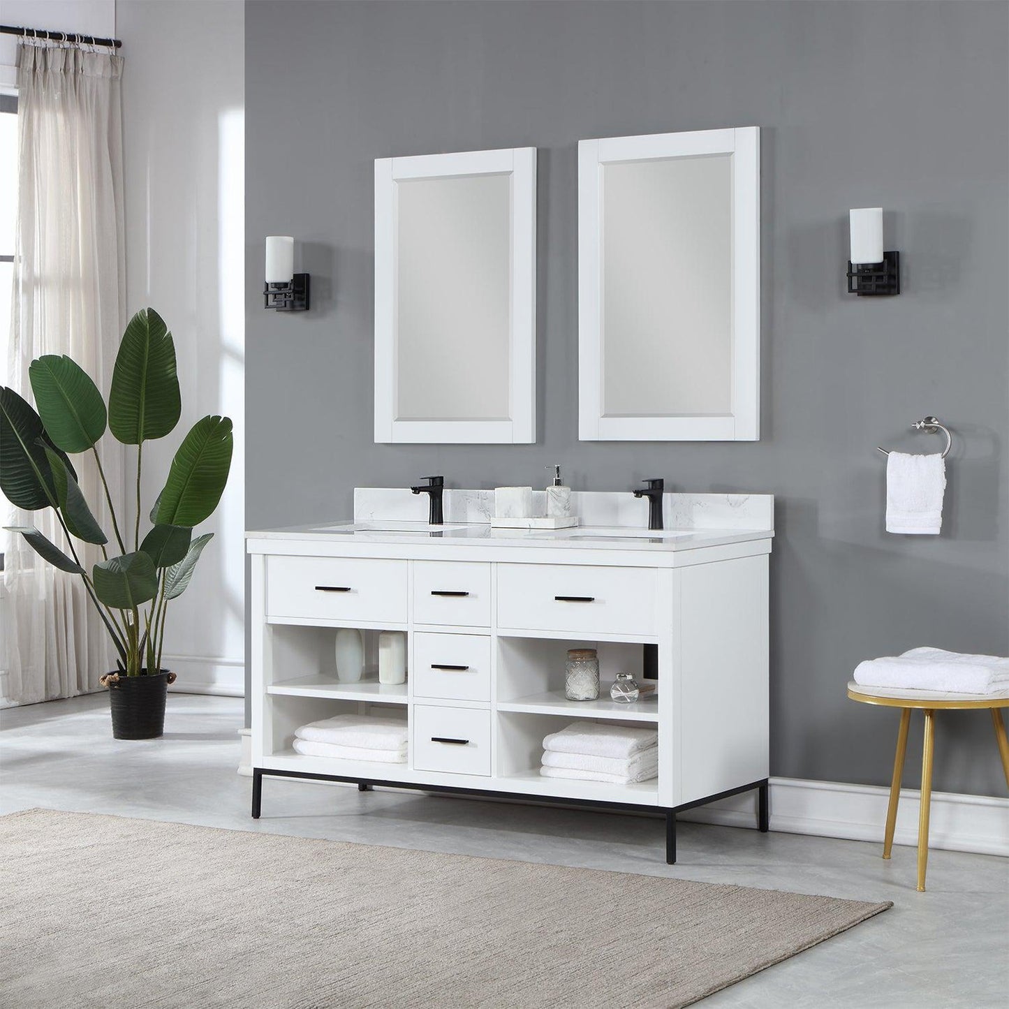 Altair Kesia 60" White Freestanding Double Bathroom Vanity Set With Mirror, Stylish Aosta White Composite Stone Top, Two Rectangular Undermount Ceramic Sinks, Overflow, and Backsplash