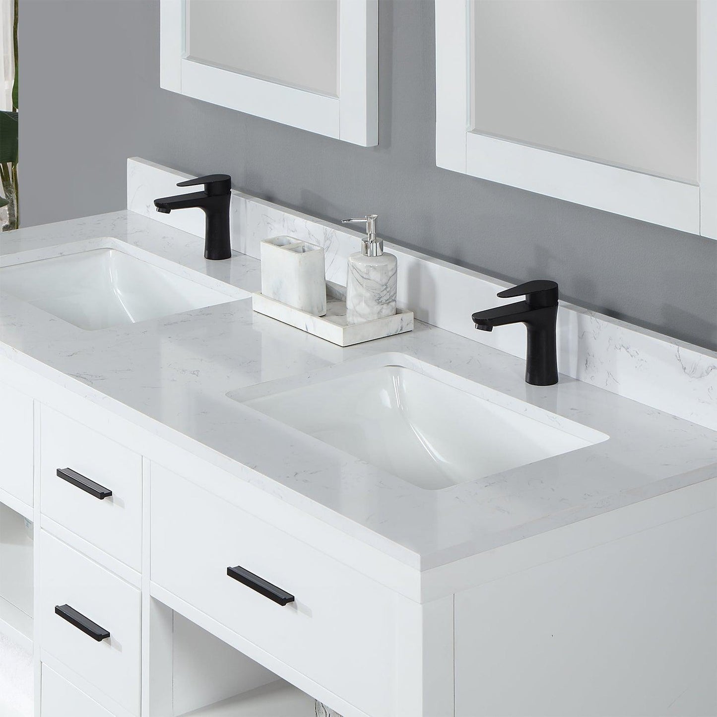 Altair Kesia 60" White Freestanding Double Bathroom Vanity Set With Mirror, Stylish Aosta White Composite Stone Top, Two Rectangular Undermount Ceramic Sinks, Overflow, and Backsplash
