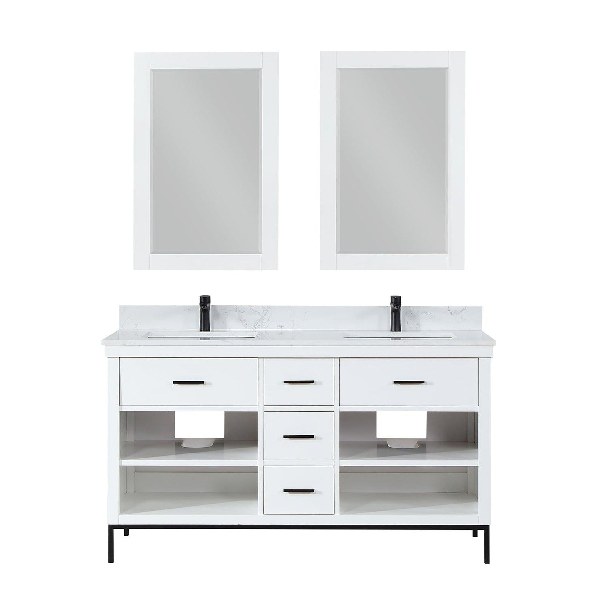 Altair Kesia 60" White Freestanding Double Bathroom Vanity Set With Mirror, Stylish Aosta White Composite Stone Top, Two Rectangular Undermount Ceramic Sinks, Overflow, and Backsplash