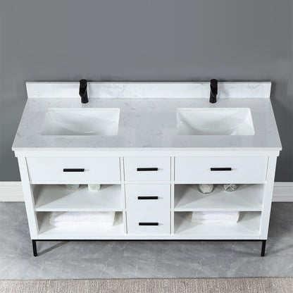 Altair Kesia 60" White Freestanding Double Bathroom Vanity Set With Stylish Aosta White Composite Stone Top, Two Rectangular Undermount Ceramic Sinks, Overflow, and Backsplash