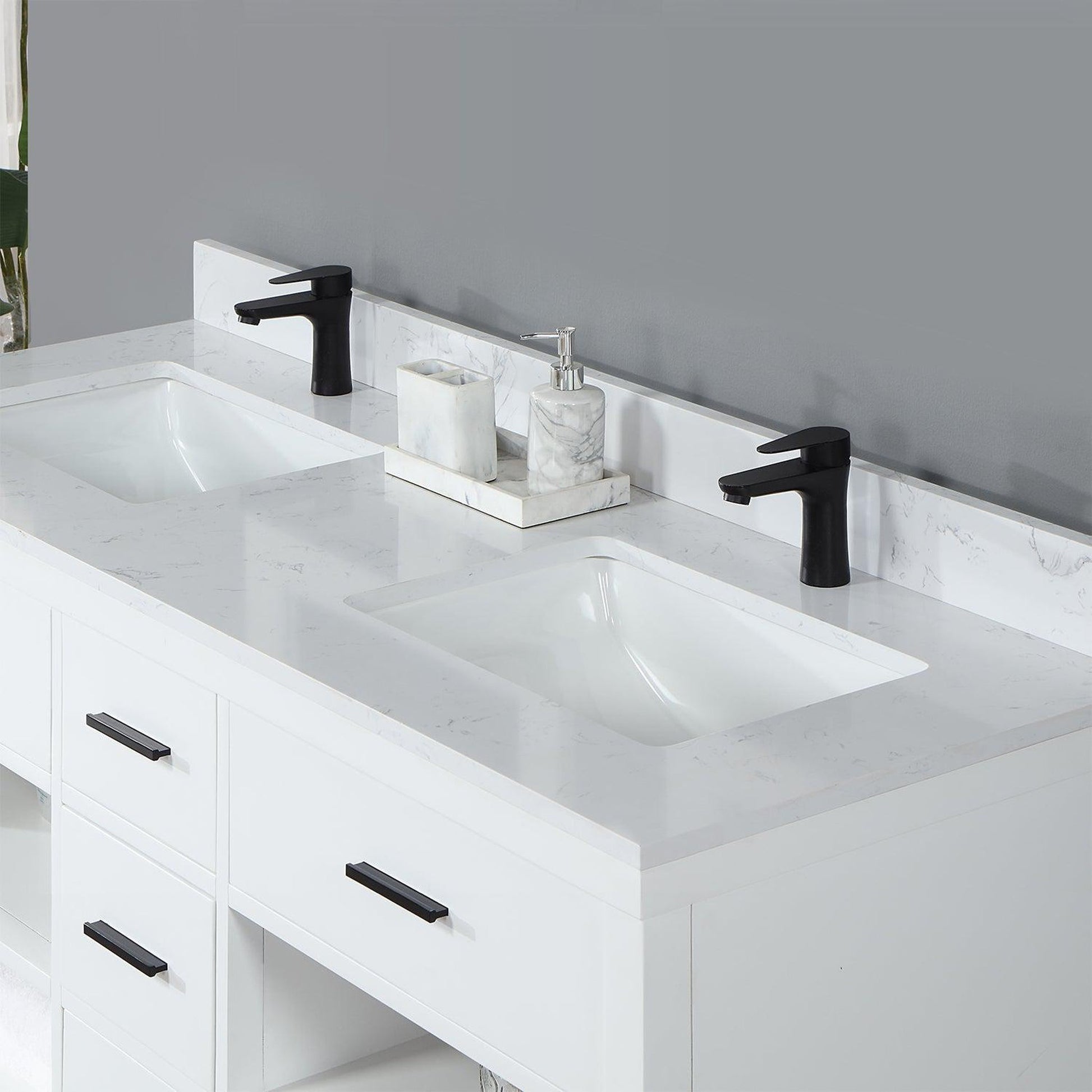 Altair Kesia 60" White Freestanding Double Bathroom Vanity Set With Stylish Aosta White Composite Stone Top, Two Rectangular Undermount Ceramic Sinks, Overflow, and Backsplash