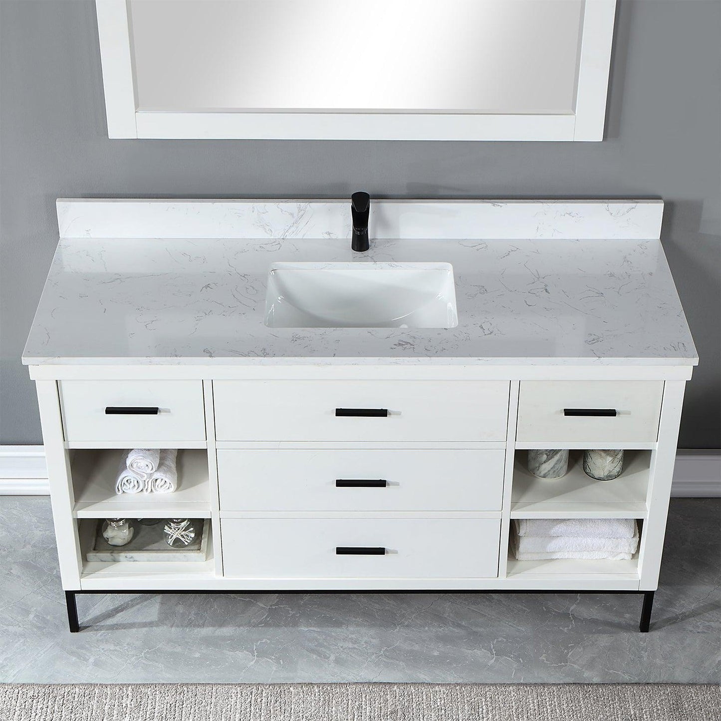 Altair Kesia 60" White Freestanding Single Bathroom Vanity Set With Mirror, Stylish Aosta White Composite Stone Top, Rectangular Undermount Ceramic Sink, Overflow, and Backsplash