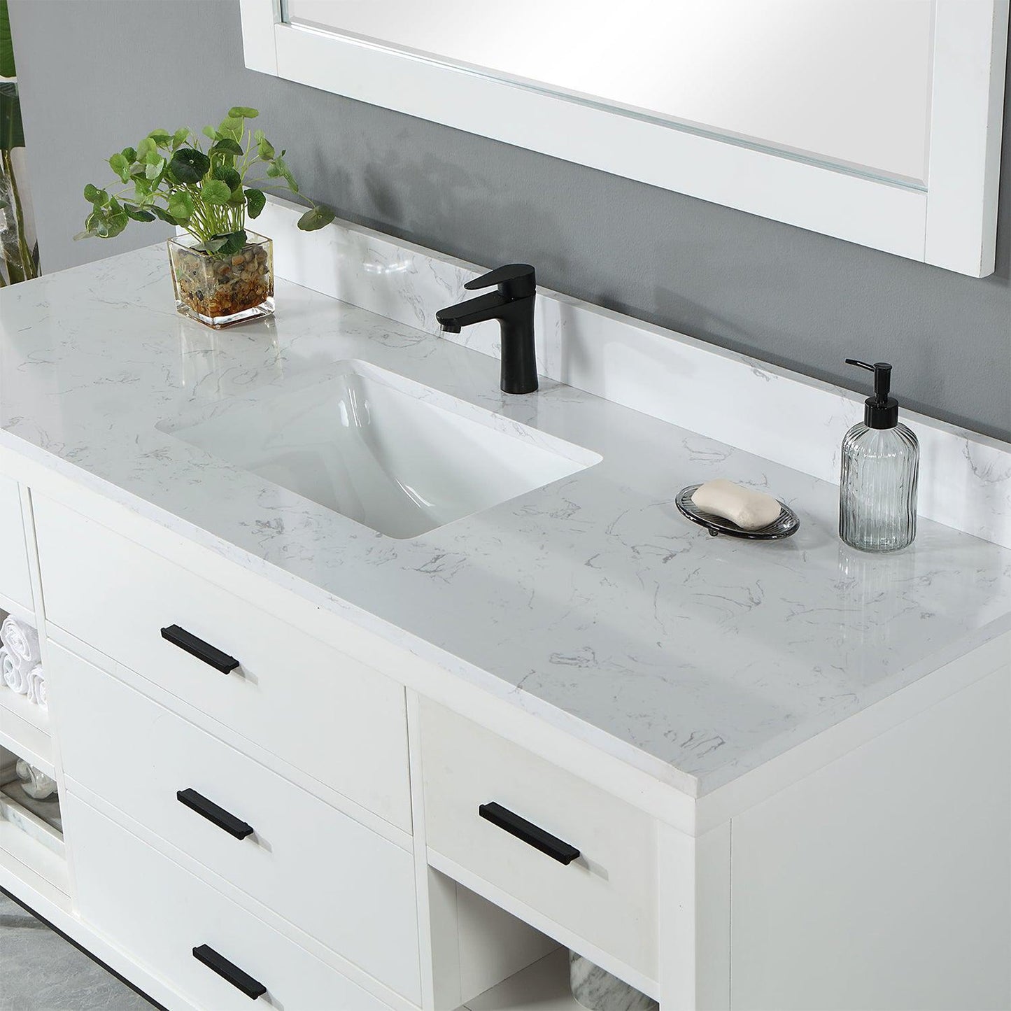 Altair Kesia 60" White Freestanding Single Bathroom Vanity Set With Mirror, Stylish Aosta White Composite Stone Top, Rectangular Undermount Ceramic Sink, Overflow, and Backsplash