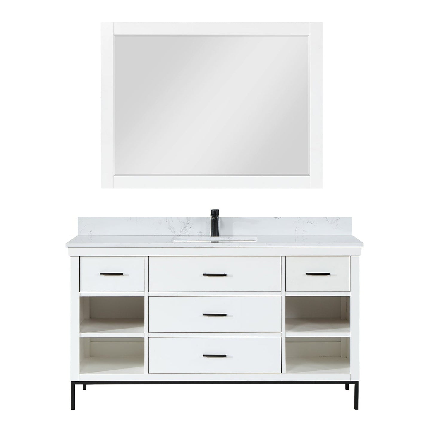 Altair Kesia 60" White Freestanding Single Bathroom Vanity Set With Mirror, Stylish Aosta White Composite Stone Top, Rectangular Undermount Ceramic Sink, Overflow, and Backsplash