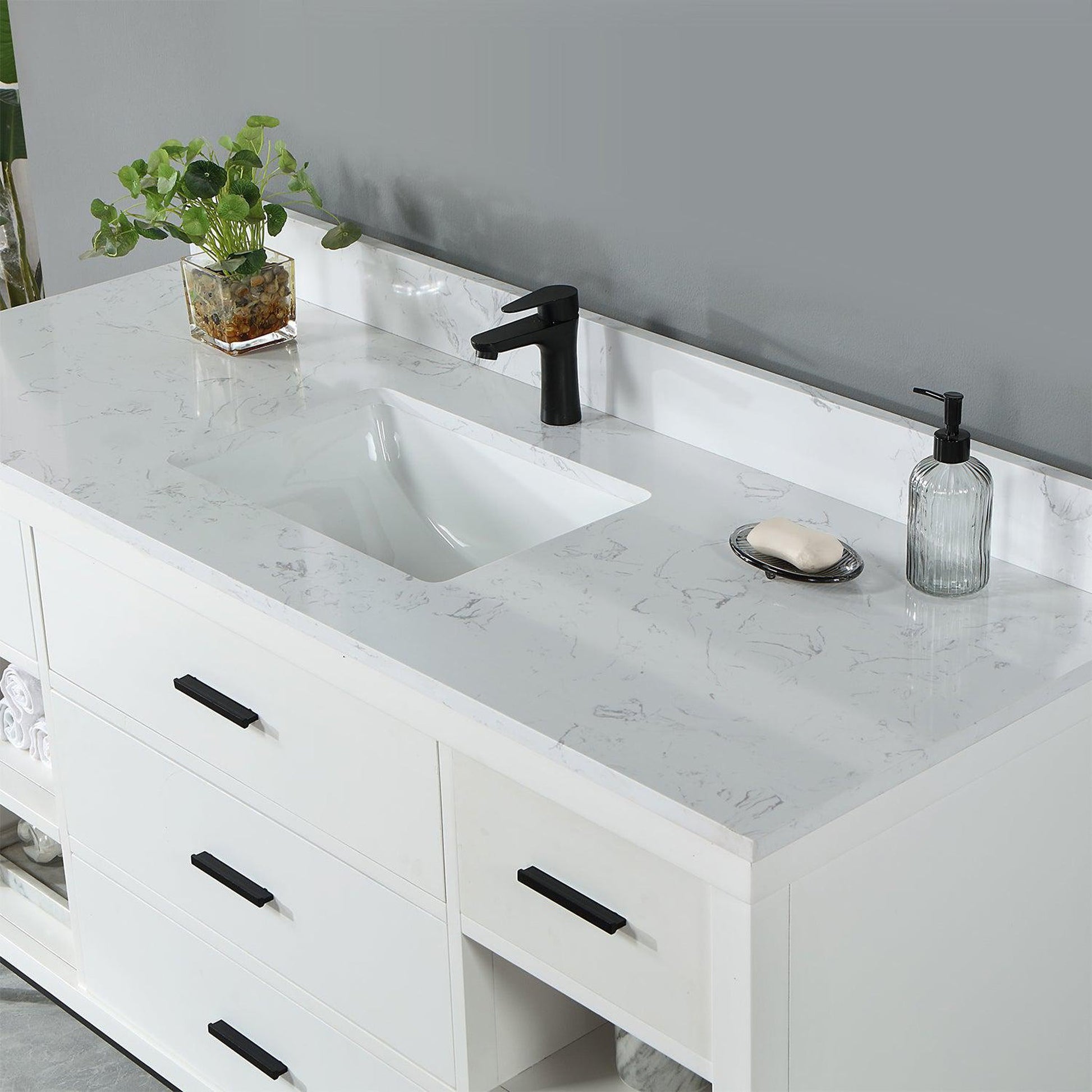 Altair Kesia 60" White Freestanding Single Bathroom Vanity Set With Stylish Aosta White Composite Stone Top, Rectangular Undermount Ceramic Sink, Overflow, and Backsplash