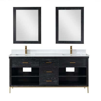 Altair Kesia 72" Black Oak Freestanding Double Bathroom Vanity Set With Mirror, Stylish Aosta White Composite Stone Top, Two Rectangular Undermount Ceramic Sinks, Overflow, and Backsplash