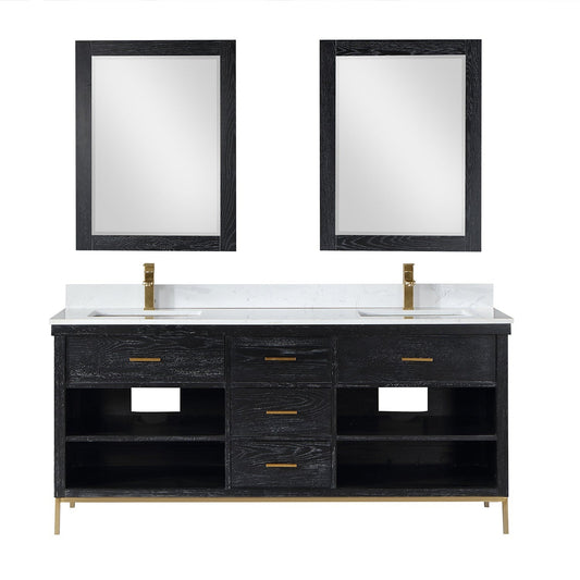 Altair Kesia 72" Black Oak Freestanding Double Bathroom Vanity Set With Mirror, Stylish Aosta White Composite Stone Top, Two Rectangular Undermount Ceramic Sinks, Overflow, and Backsplash