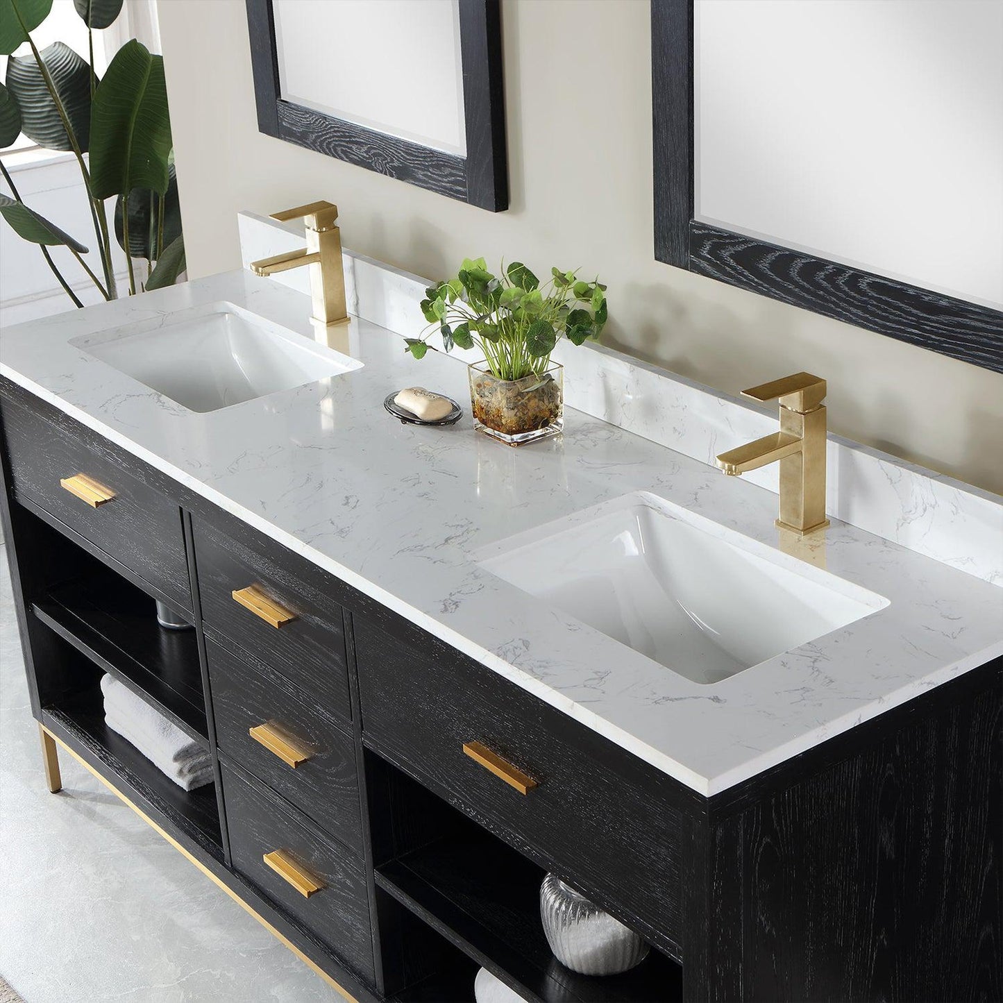 Altair Kesia 72" Black Oak Freestanding Double Bathroom Vanity Set With Mirror, Stylish Aosta White Composite Stone Top, Two Rectangular Undermount Ceramic Sinks, Overflow, and Backsplash