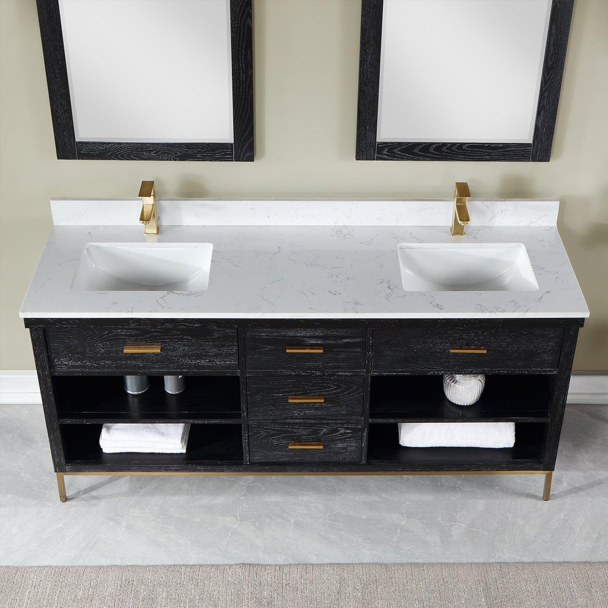 Altair Kesia 72" Black Oak Freestanding Double Bathroom Vanity Set With Mirror, Stylish Aosta White Composite Stone Top, Two Rectangular Undermount Ceramic Sinks, Overflow, and Backsplash