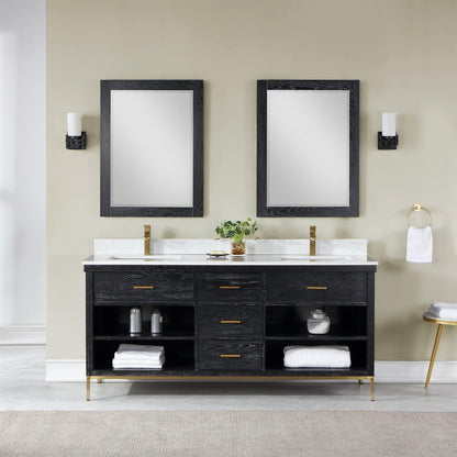 Altair Kesia 72" Black Oak Freestanding Double Bathroom Vanity Set With Mirror, Stylish Aosta White Composite Stone Top, Two Rectangular Undermount Ceramic Sinks, Overflow, and Backsplash