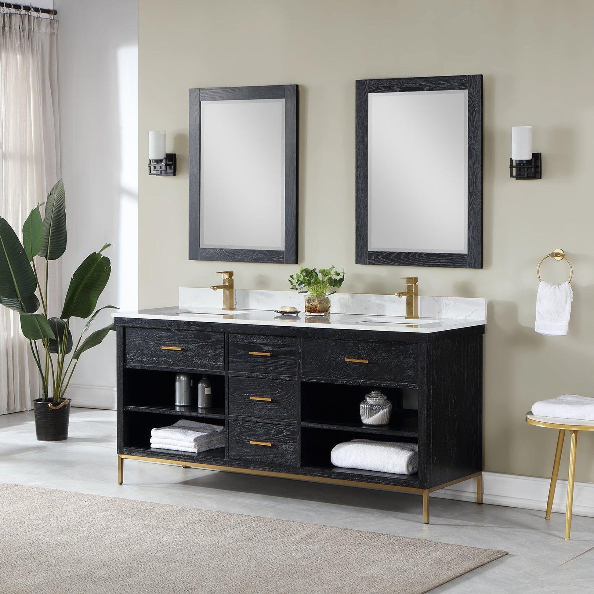 Altair Kesia 72" Black Oak Freestanding Double Bathroom Vanity Set With Mirror, Stylish Aosta White Composite Stone Top, Two Rectangular Undermount Ceramic Sinks, Overflow, and Backsplash