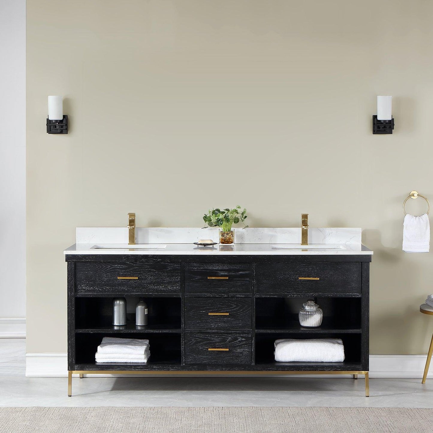 Altair Kesia 72" Black Oak Freestanding Double Bathroom Vanity Set With Stylish Aosta White Composite Stone Top, Two Rectangular Undermount Ceramic Sinks, Overflow, and Backsplash