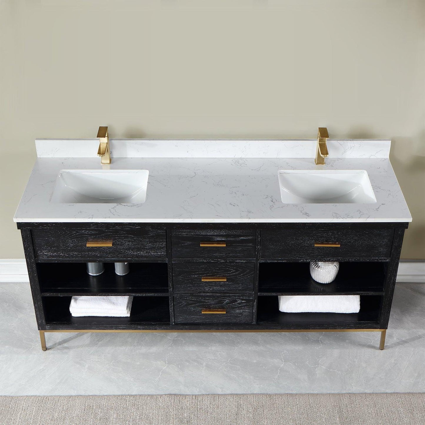 Altair Kesia 72" Black Oak Freestanding Double Bathroom Vanity Set With Stylish Aosta White Composite Stone Top, Two Rectangular Undermount Ceramic Sinks, Overflow, and Backsplash