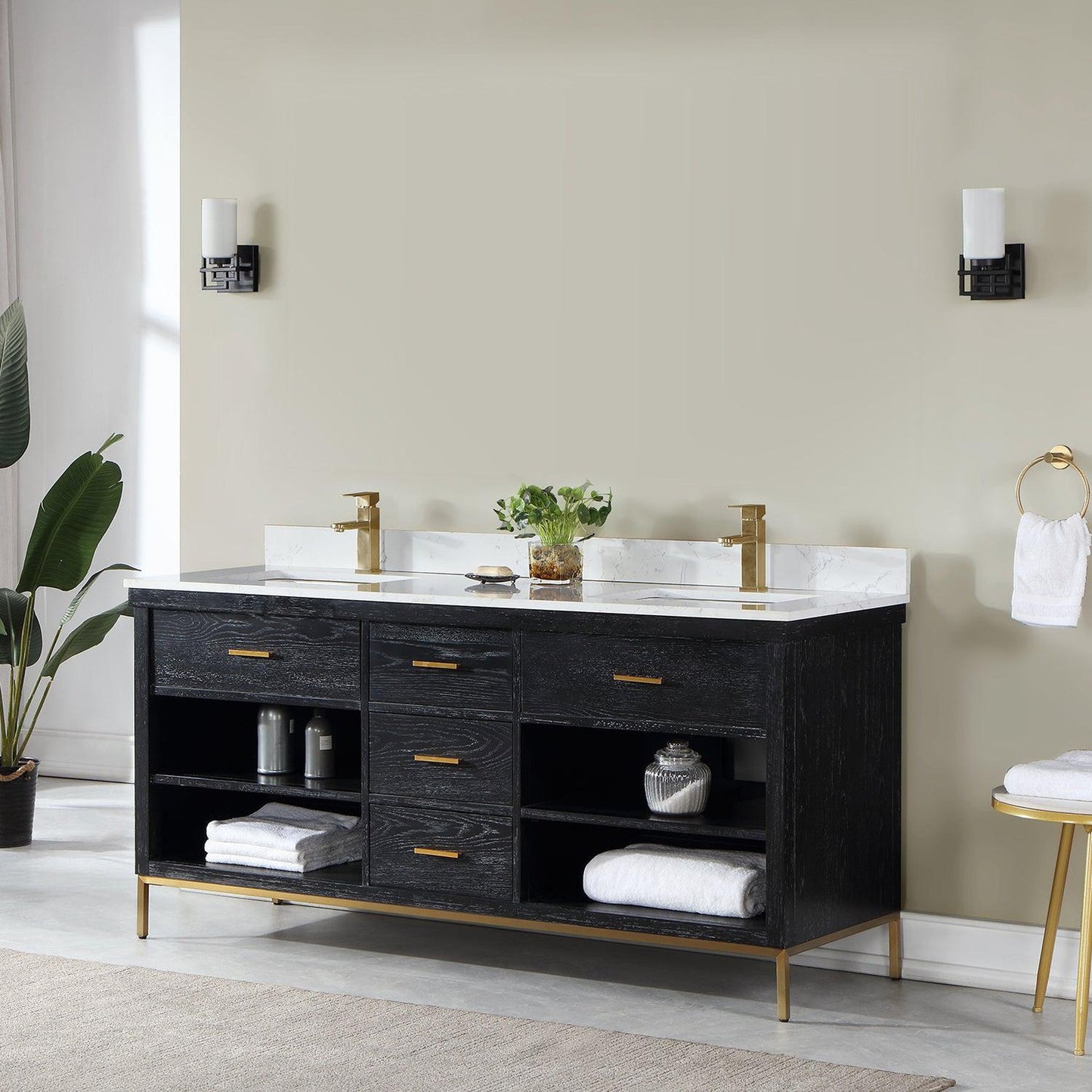 Altair Kesia 72" Black Oak Freestanding Double Bathroom Vanity Set With Stylish Aosta White Composite Stone Top, Two Rectangular Undermount Ceramic Sinks, Overflow, and Backsplash