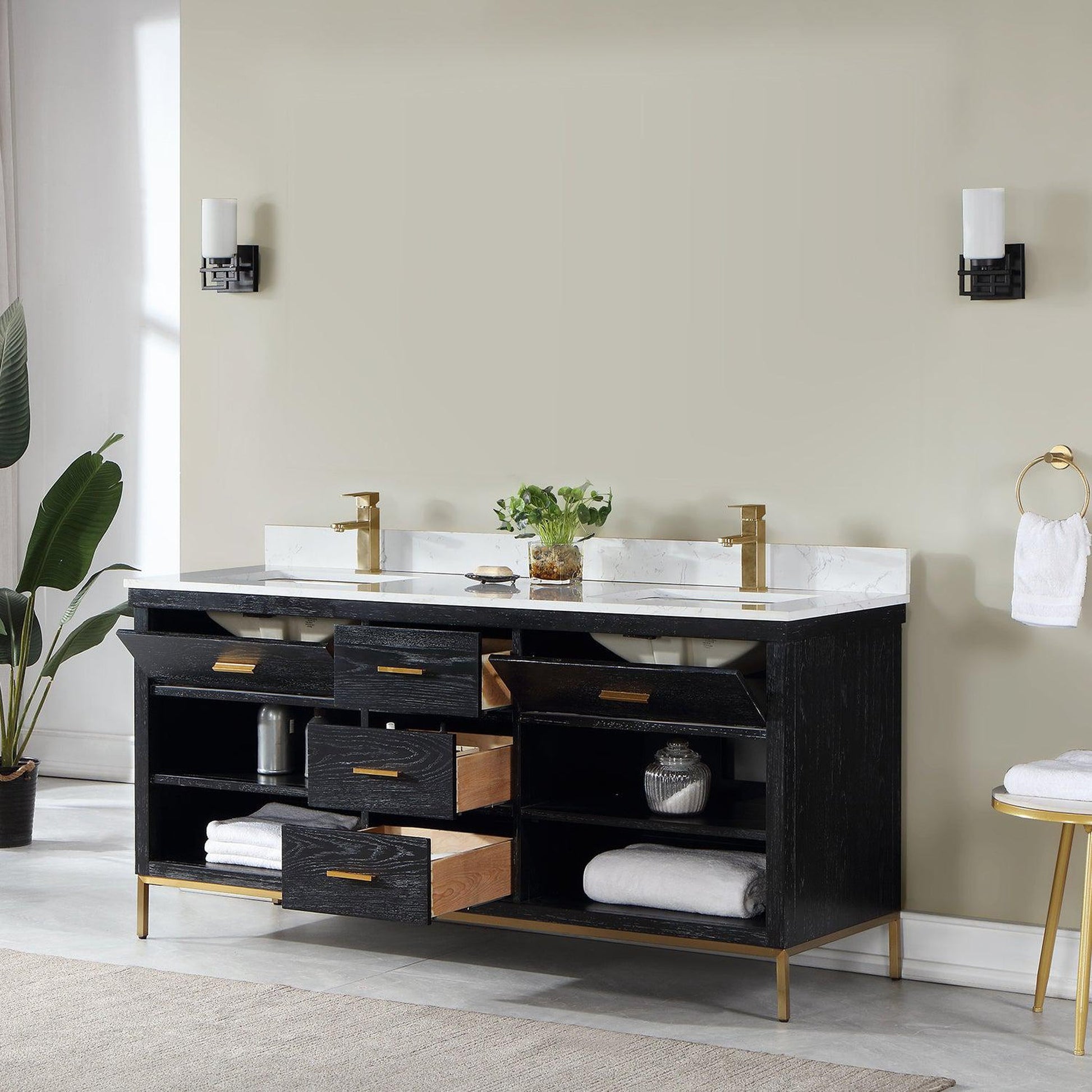 Altair Kesia 72" Black Oak Freestanding Double Bathroom Vanity Set With Stylish Aosta White Composite Stone Top, Two Rectangular Undermount Ceramic Sinks, Overflow, and Backsplash