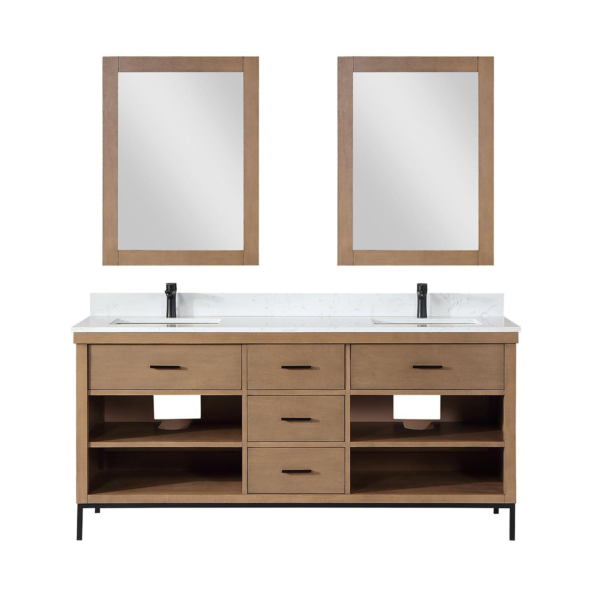 Altair Kesia 72" Brown Pine Freestanding Double Bathroom Vanity Set With Mirror, Stylish Aosta White Composite Stone Top, Two Rectangular Undermount Ceramic Sinks, Overflow, and Backsplash