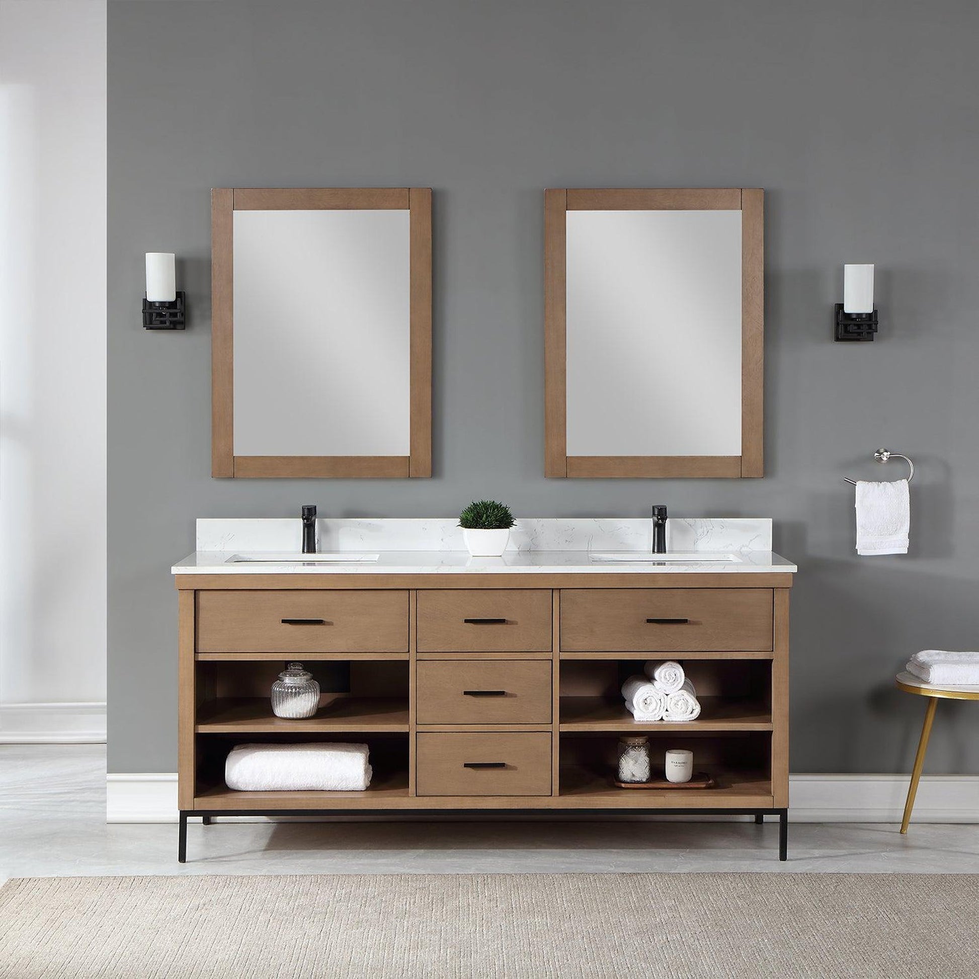 Altair Kesia 72" Brown Pine Freestanding Double Bathroom Vanity Set With Mirror, Stylish Aosta White Composite Stone Top, Two Rectangular Undermount Ceramic Sinks, Overflow, and Backsplash