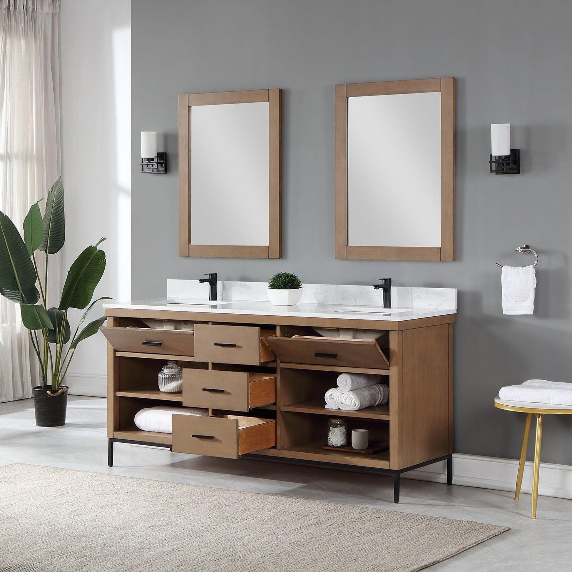 Altair Kesia 72" Brown Pine Freestanding Double Bathroom Vanity Set With Mirror, Stylish Aosta White Composite Stone Top, Two Rectangular Undermount Ceramic Sinks, Overflow, and Backsplash