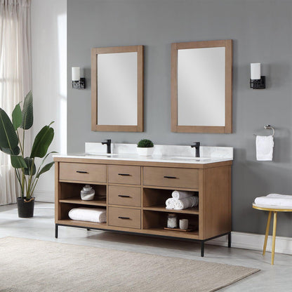 Altair Kesia 72" Brown Pine Freestanding Double Bathroom Vanity Set With Mirror, Stylish Aosta White Composite Stone Top, Two Rectangular Undermount Ceramic Sinks, Overflow, and Backsplash