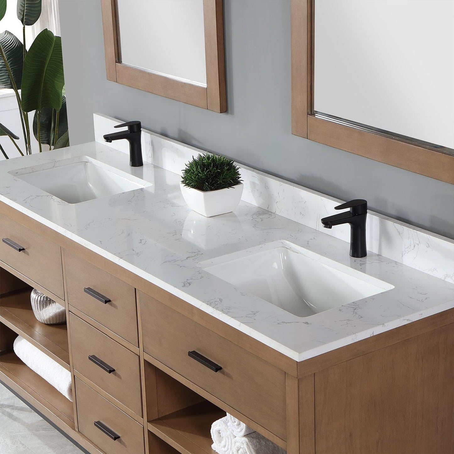 Altair Kesia 72" Brown Pine Freestanding Double Bathroom Vanity Set With Mirror, Stylish Aosta White Composite Stone Top, Two Rectangular Undermount Ceramic Sinks, Overflow, and Backsplash