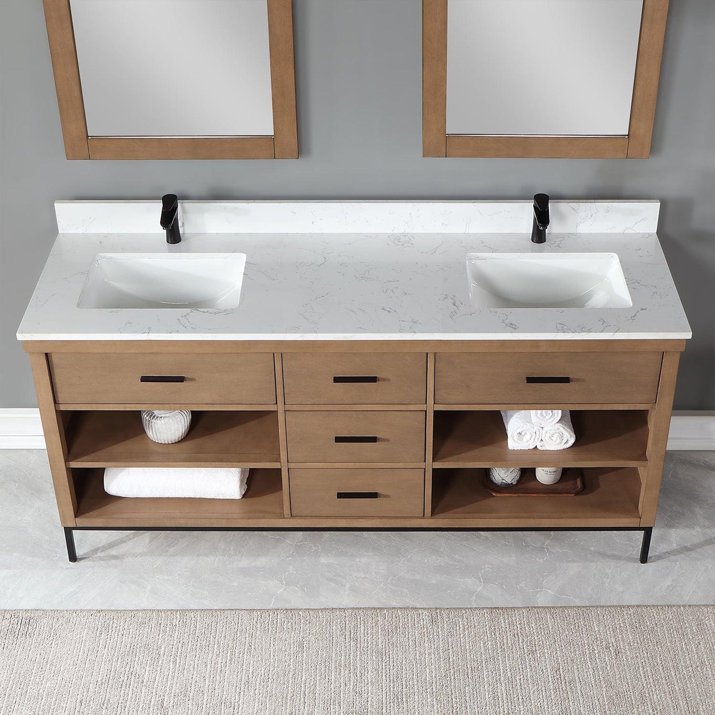 Altair Kesia 72" Brown Pine Freestanding Double Bathroom Vanity Set With Mirror, Stylish Aosta White Composite Stone Top, Two Rectangular Undermount Ceramic Sinks, Overflow, and Backsplash