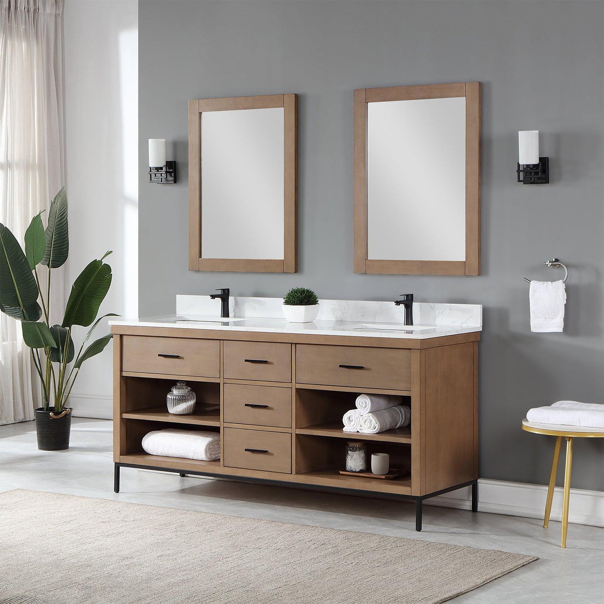 Altair Kesia 72" Brown Pine Freestanding Double Bathroom Vanity Set With Mirror, Stylish Aosta White Composite Stone Top, Two Rectangular Undermount Ceramic Sinks, Overflow, and Backsplash