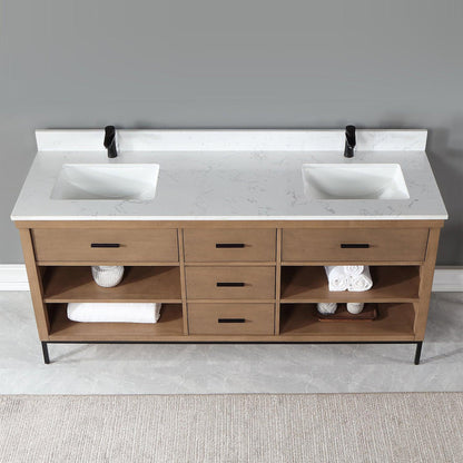 Altair Kesia 72" Brown Pine Freestanding Double Bathroom Vanity Set With Stylish Aosta White Composite Stone Top, Two Rectangular Undermount Ceramic Sinks, Overflow, and Backsplash