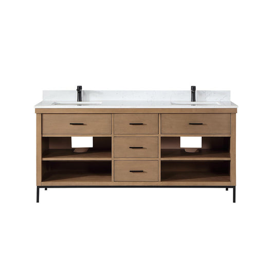 Altair Kesia 72" Brown Pine Freestanding Double Bathroom Vanity Set With Stylish Aosta White Composite Stone Top, Two Rectangular Undermount Ceramic Sinks, Overflow, and Backsplash