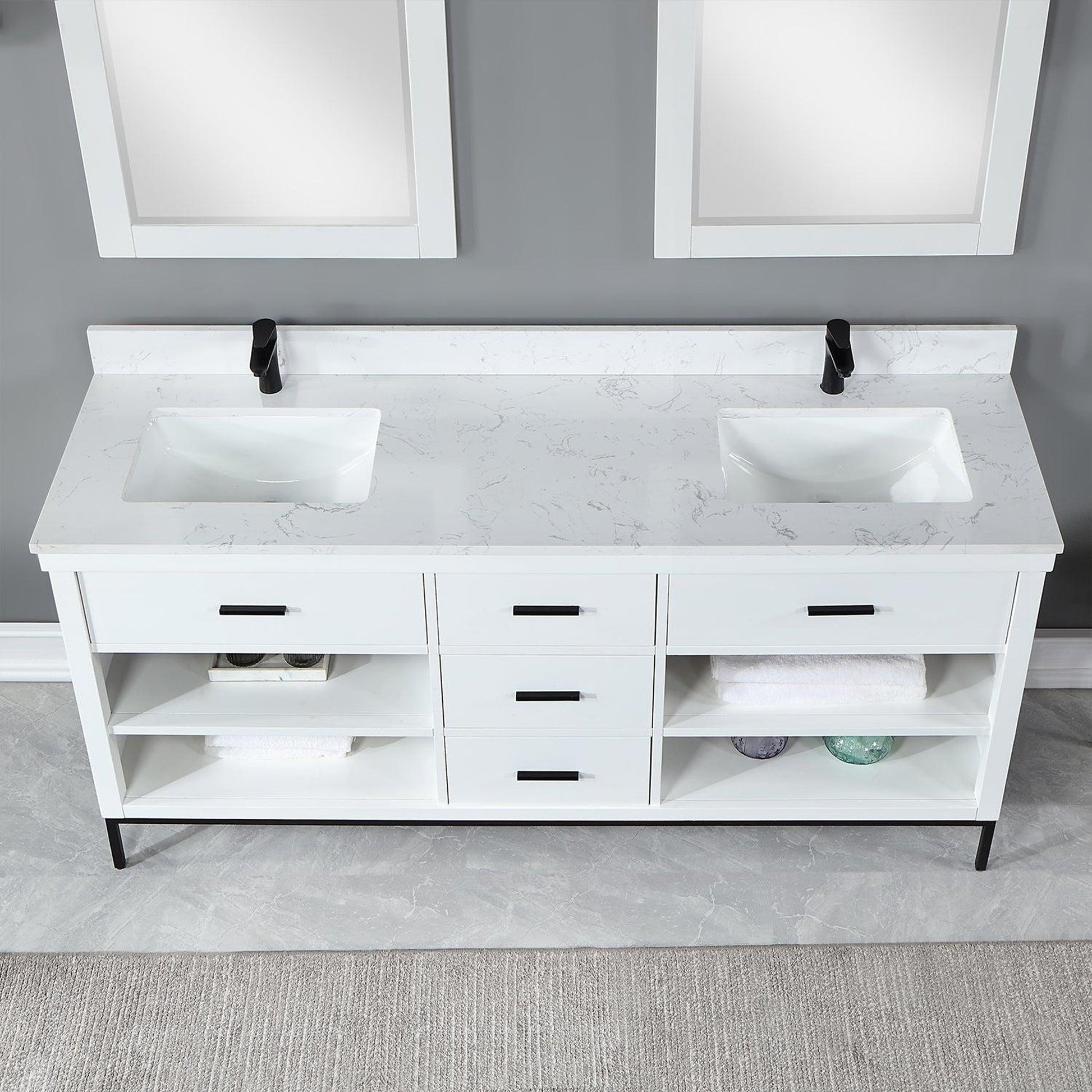 Altair Kesia 72" White Freestanding Double Bathroom Vanity Set With Mirror, Stylish Aosta White Composite Stone Top, Two Rectangular Undermount Ceramic Sinks, Overflow, and Backsplash