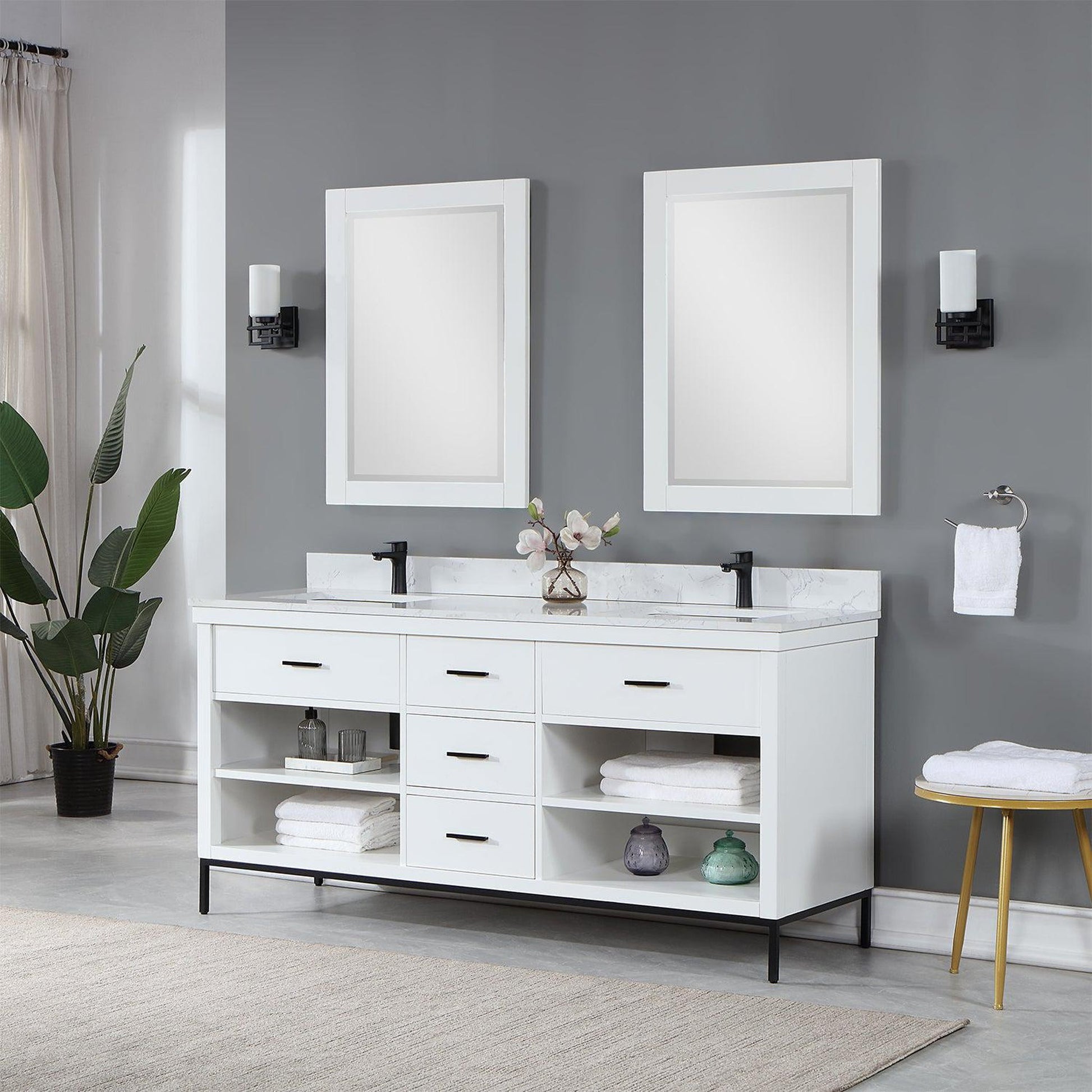 Altair Kesia 72" White Freestanding Double Bathroom Vanity Set With Mirror, Stylish Aosta White Composite Stone Top, Two Rectangular Undermount Ceramic Sinks, Overflow, and Backsplash