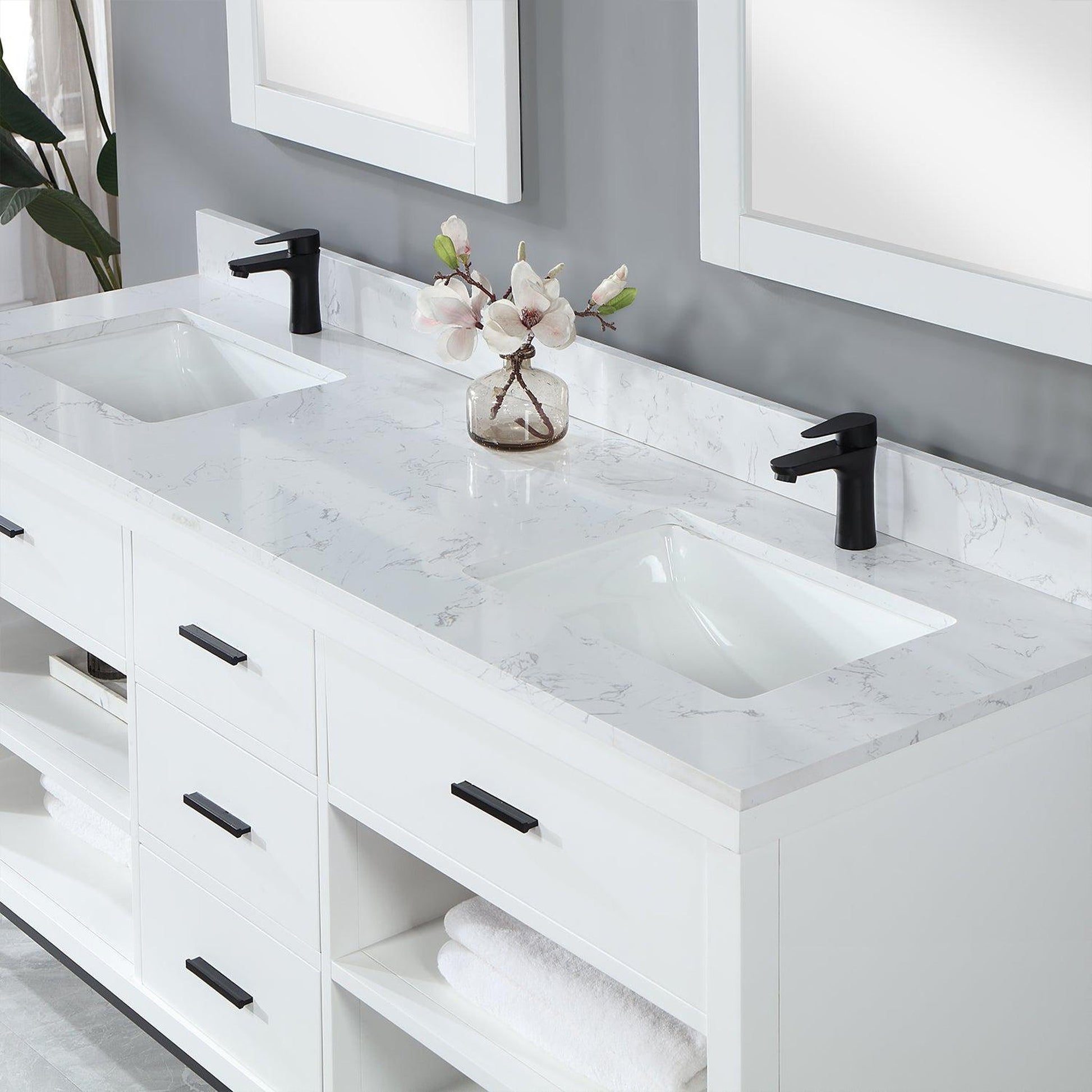 Altair Kesia 72" White Freestanding Double Bathroom Vanity Set With Mirror, Stylish Aosta White Composite Stone Top, Two Rectangular Undermount Ceramic Sinks, Overflow, and Backsplash