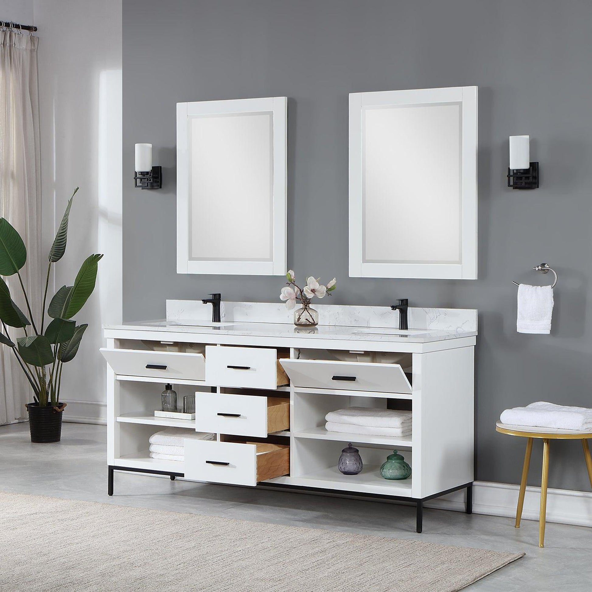 Altair Kesia 72" White Freestanding Double Bathroom Vanity Set With Mirror, Stylish Aosta White Composite Stone Top, Two Rectangular Undermount Ceramic Sinks, Overflow, and Backsplash