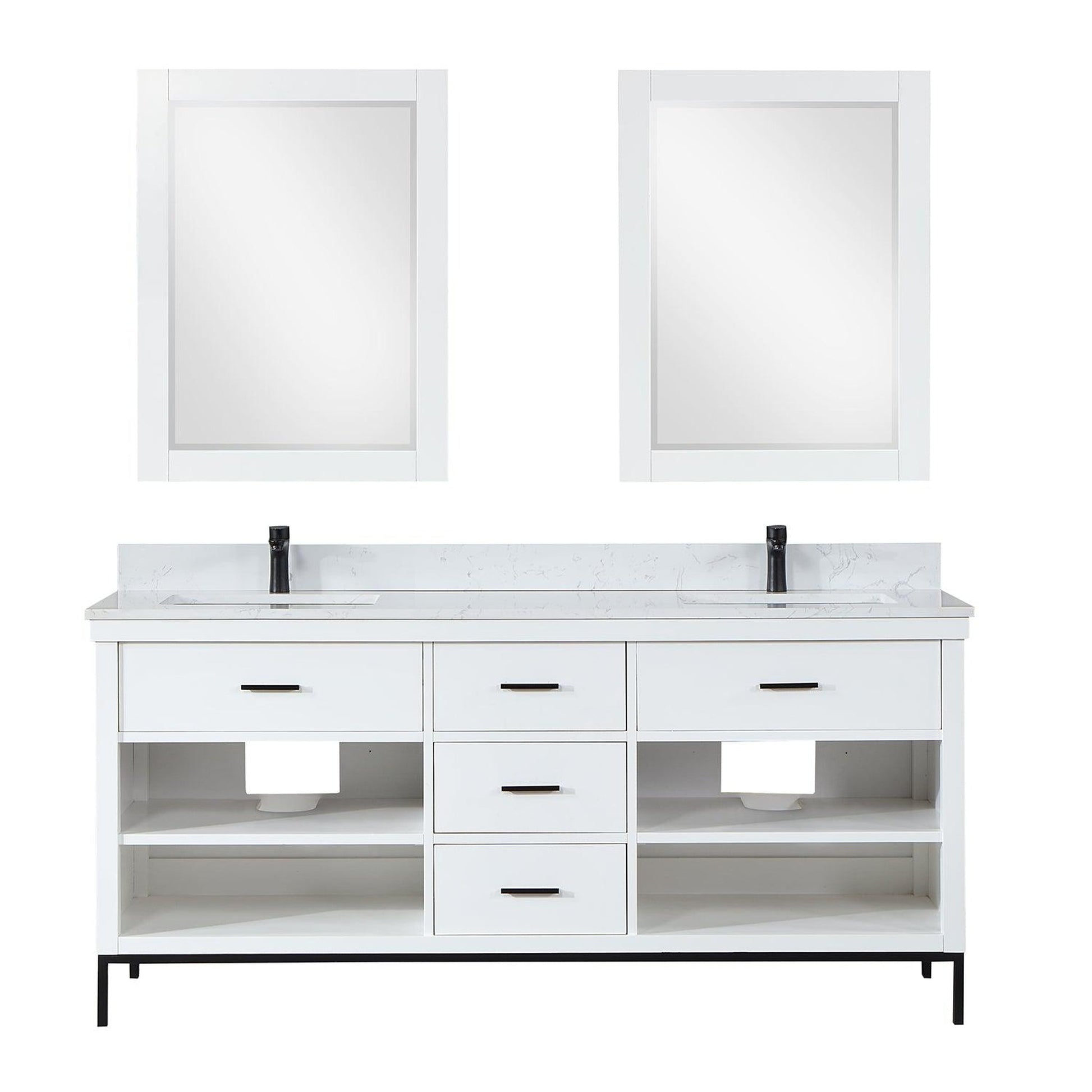 Altair Kesia 72" White Freestanding Double Bathroom Vanity Set With Mirror, Stylish Aosta White Composite Stone Top, Two Rectangular Undermount Ceramic Sinks, Overflow, and Backsplash