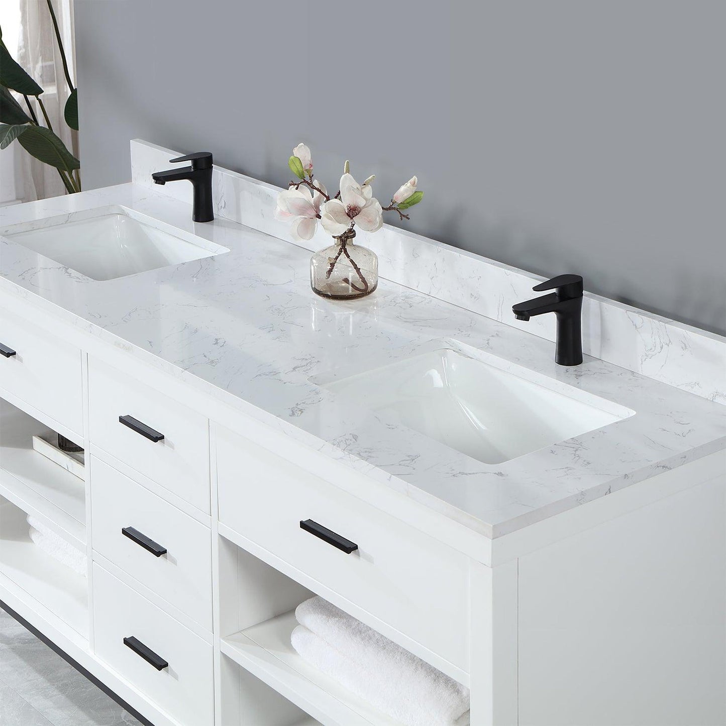 Altair Kesia 72" White Freestanding Double Bathroom Vanity Set With Stylish Aosta White Composite Stone Top, Two Rectangular Undermount Ceramic Sinks, Overflow, and Backsplash
