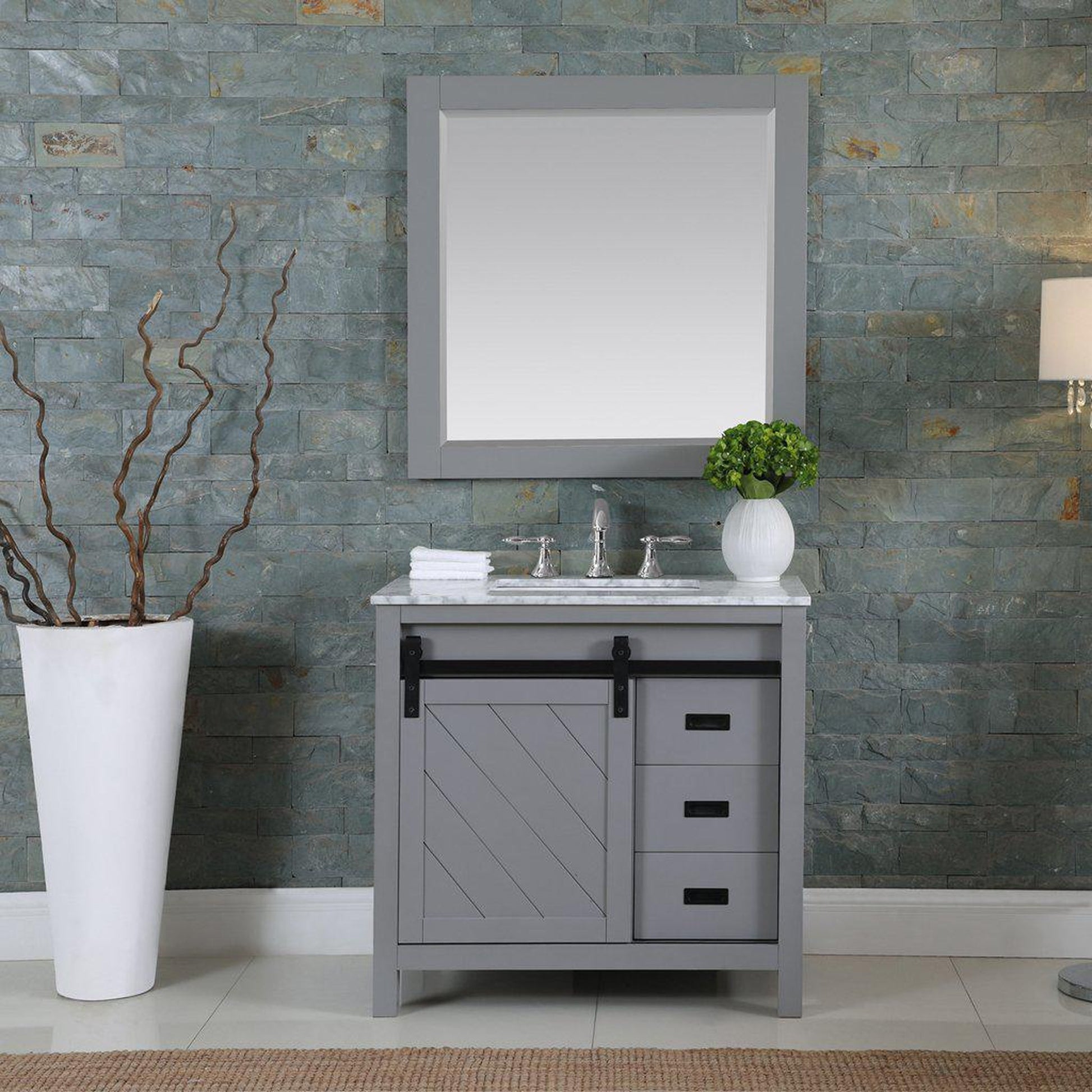 Altair Kinsley 36" Single Gray Freestanding Bathroom Vanity Set With Mirror, Natural Carrara White Marble Top, Rectangular Undermount Ceramic Sink, and Overflow