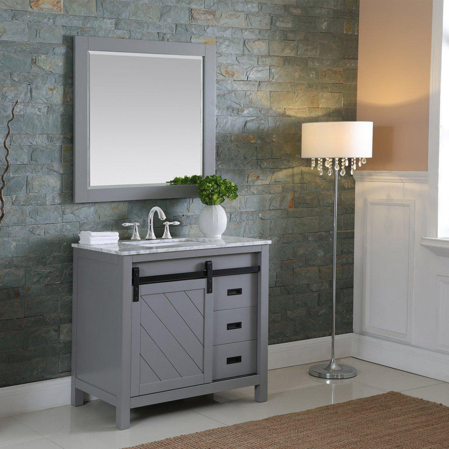 Altair Kinsley 36" Single Gray Freestanding Bathroom Vanity Set With Mirror, Natural Carrara White Marble Top, Rectangular Undermount Ceramic Sink, and Overflow