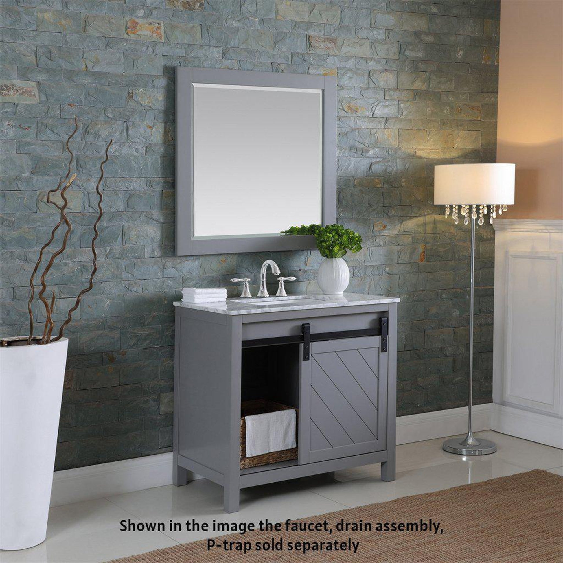 Altair Kinsley 36" Single Gray Freestanding Bathroom Vanity Set With Mirror, Natural Carrara White Marble Top, Rectangular Undermount Ceramic Sink, and Overflow