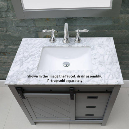 Altair Kinsley 36" Single Gray Freestanding Bathroom Vanity Set With Mirror, Natural Carrara White Marble Top, Rectangular Undermount Ceramic Sink, and Overflow