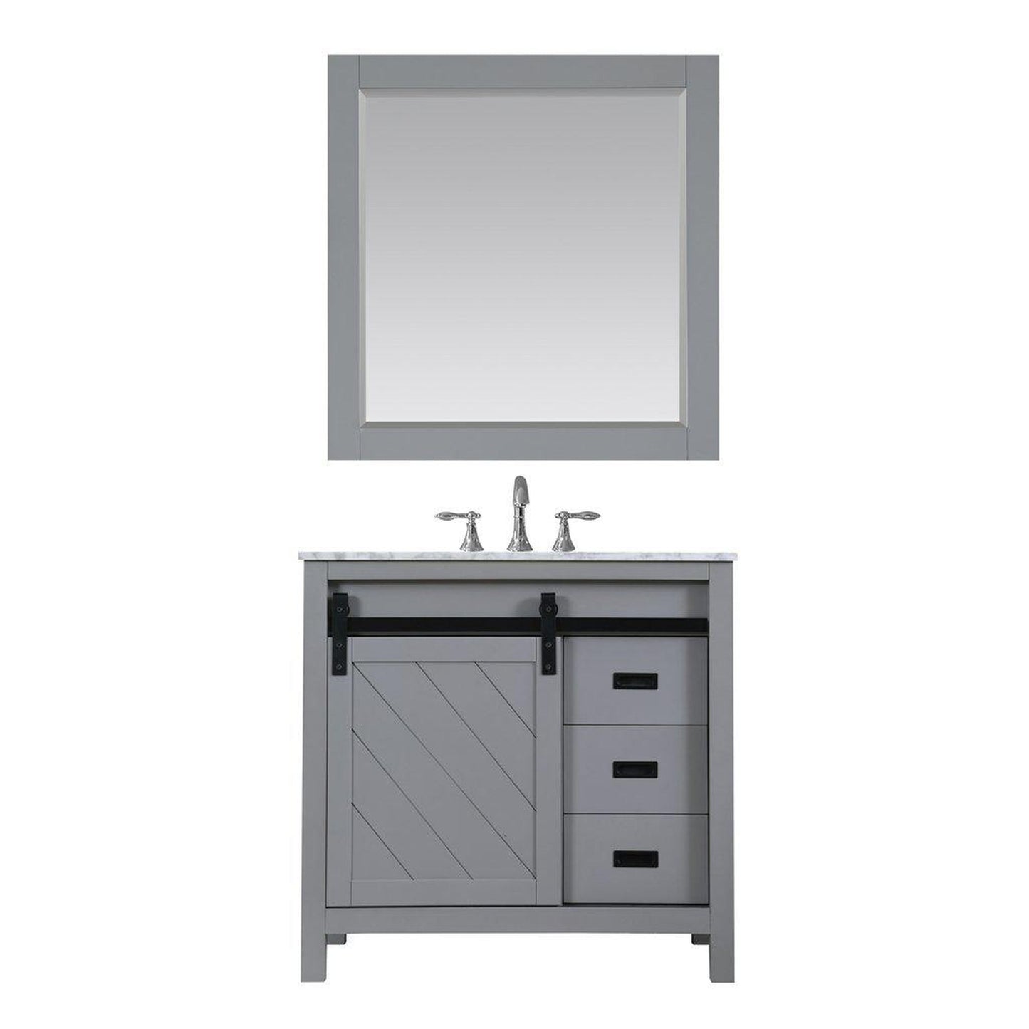 Altair Kinsley 36" Single Gray Freestanding Bathroom Vanity Set With Mirror, Natural Carrara White Marble Top, Rectangular Undermount Ceramic Sink, and Overflow