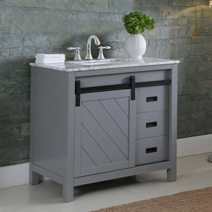 Altair Kinsley 36" Single Gray Freestanding Bathroom Vanity Set With Natural Carrara White Marble Top, Rectangular Undermount Ceramic Sink, and Overflow